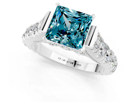 White gold Princess Cut Blue Topaz Classic Solitaire Ring with Pavé Band and Four-Prong Setting_1