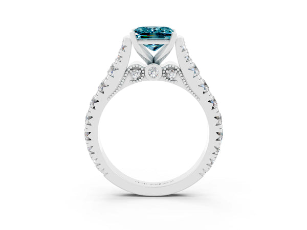Platinum Princess Cut Blue Topaz Classic Solitaire Ring with Pavé Band and Four-Prong Setting
