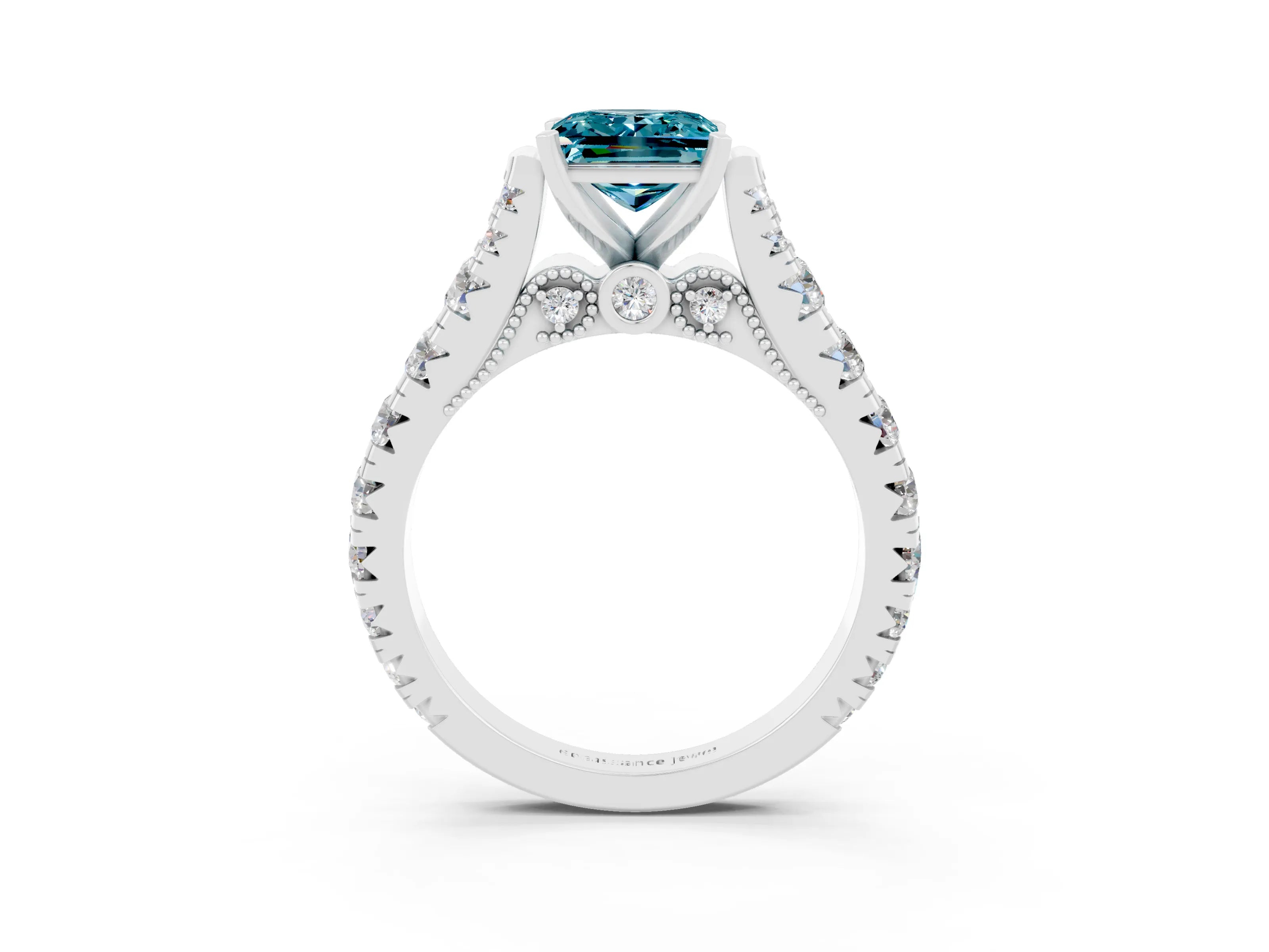 White gold Princess Cut Blue Topaz Classic Solitaire Ring with Pavé Band and Four-Prong Setting_3