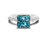 White gold Princess Cut Blue Topaz Cluster Side Stone Solitaire Ring with Prong Setting_24