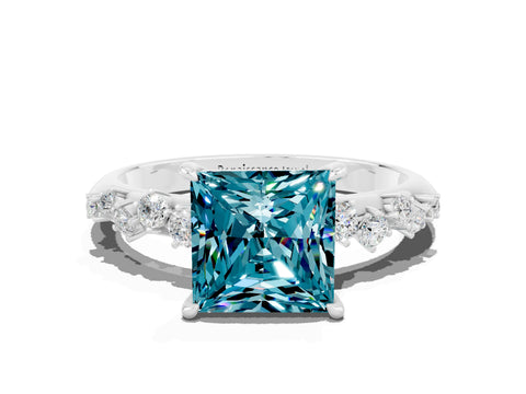 White gold Princess Cut Blue Topaz Cluster Side Stone Solitaire Ring with Prong Setting_24
