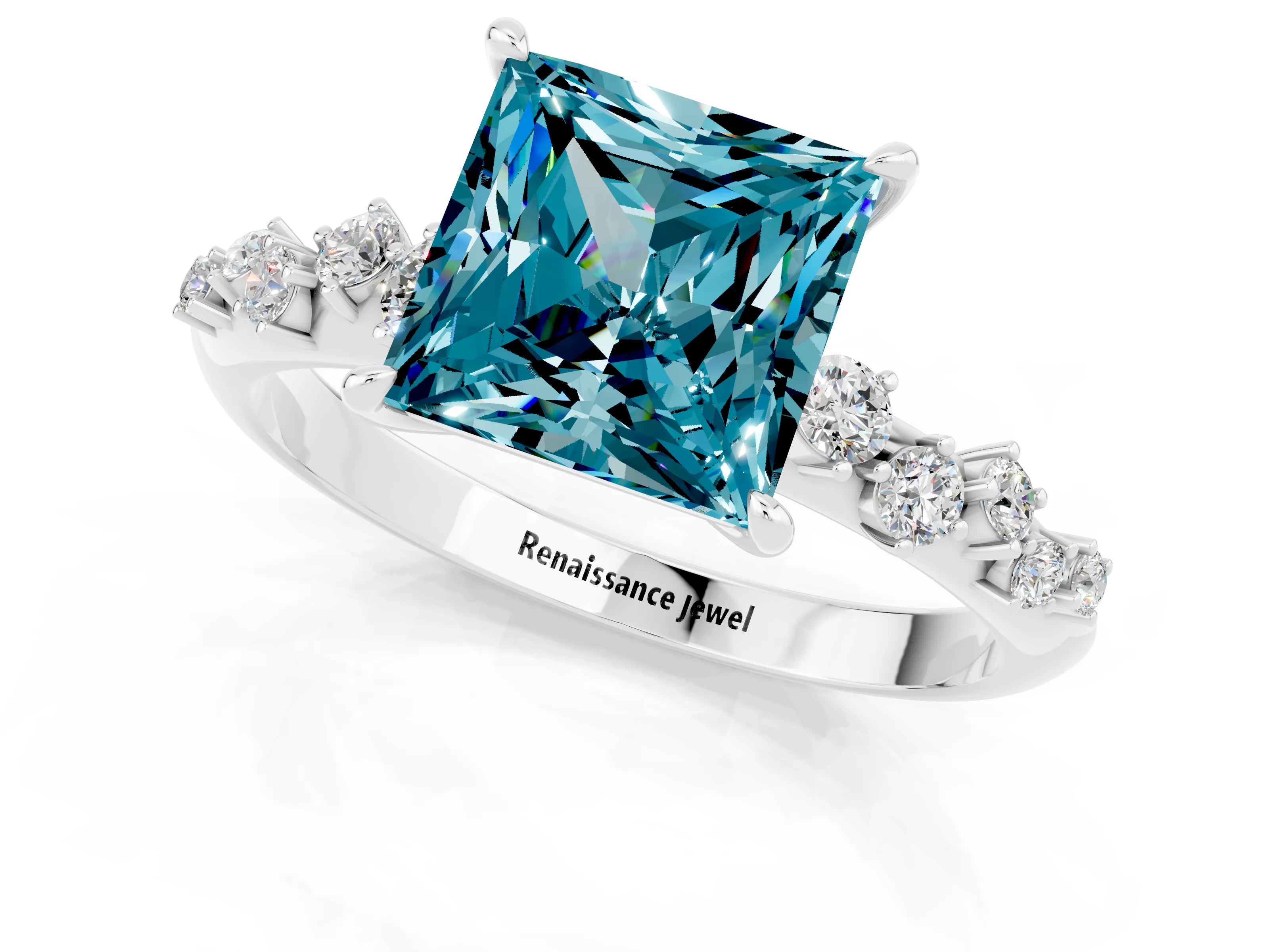 White gold Princess Cut Blue Topaz Cluster Side Stone Solitaire Ring with Prong Setting_25
