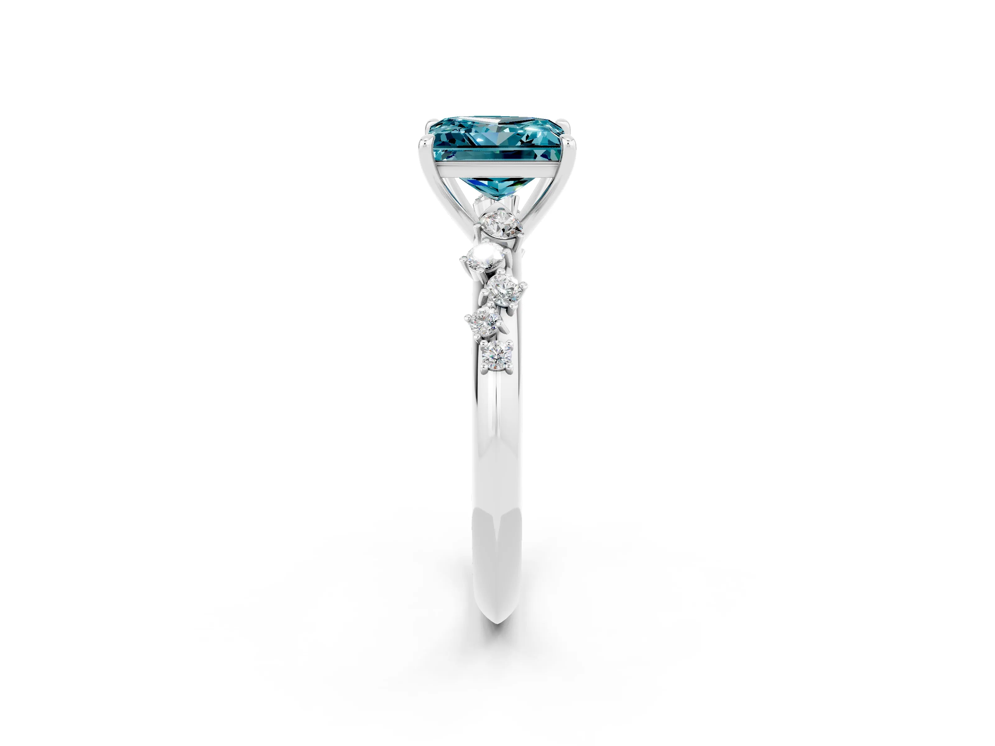 White gold Princess Cut Blue Topaz Cluster Side Stone Solitaire Ring with Prong Setting_26