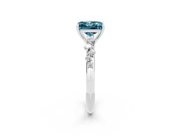 White gold Princess Cut Blue Topaz Cluster Side Stone Solitaire Ring with Prong Setting