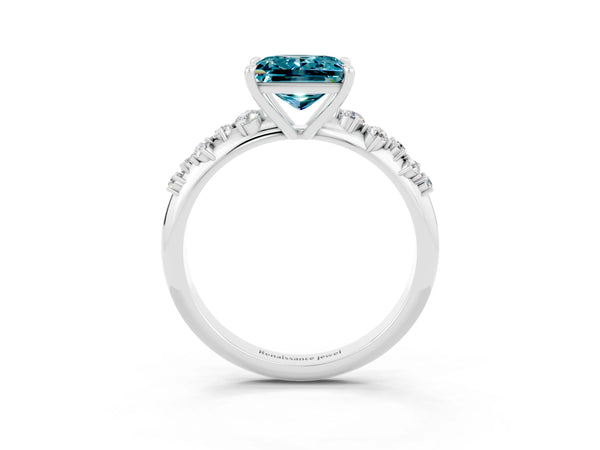 White gold Princess Cut Blue Topaz Cluster Side Stone Solitaire Ring with Prong Setting
