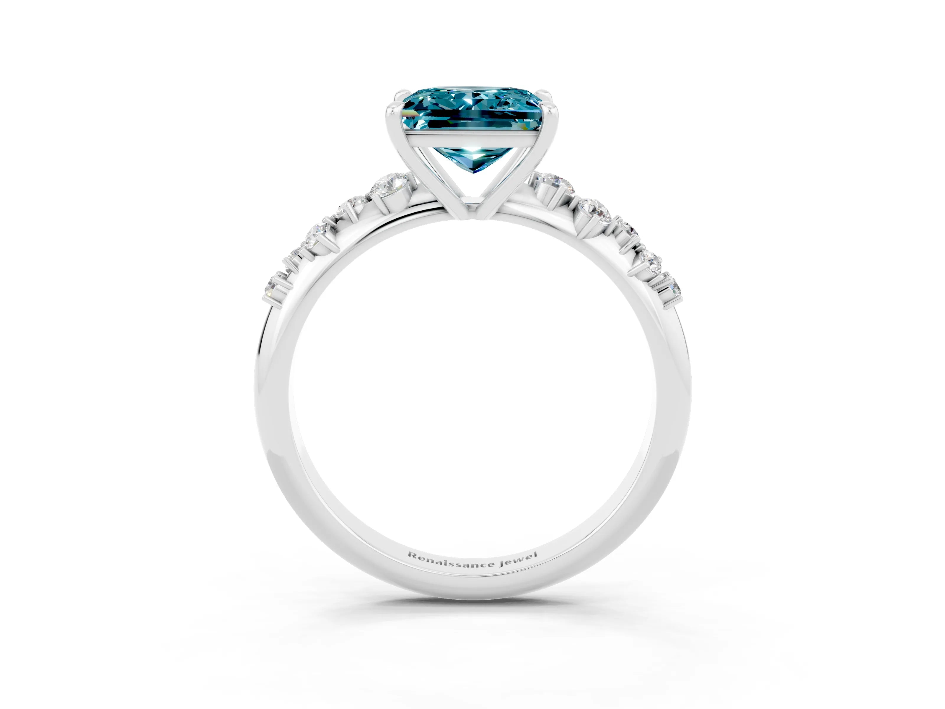 White gold Princess Cut Blue Topaz Cluster Side Stone Solitaire Ring with Prong Setting_27