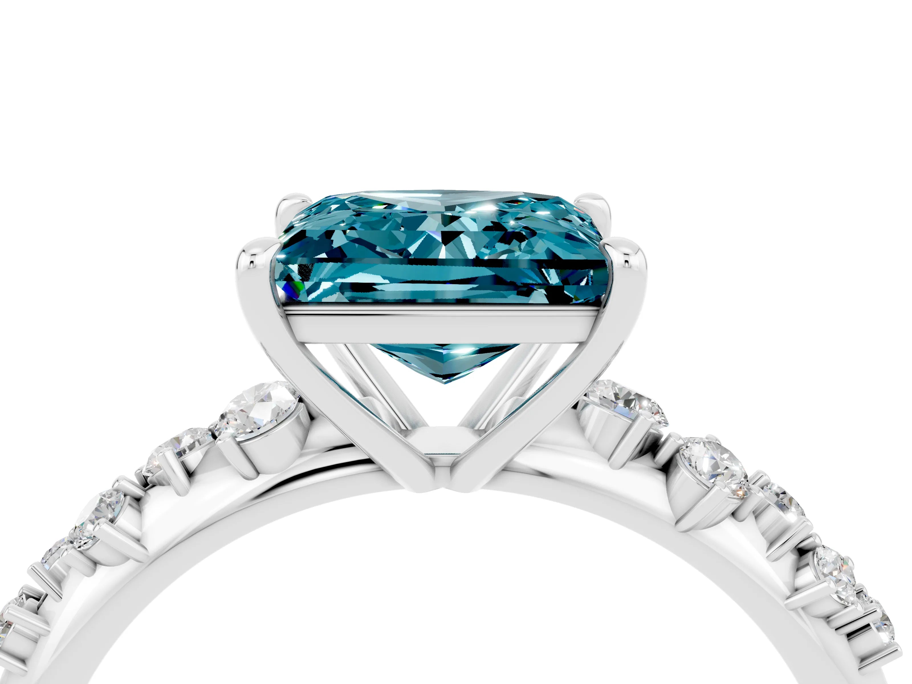 White gold Princess Cut Blue Topaz Cluster Side Stone Solitaire Ring with Prong Setting_28