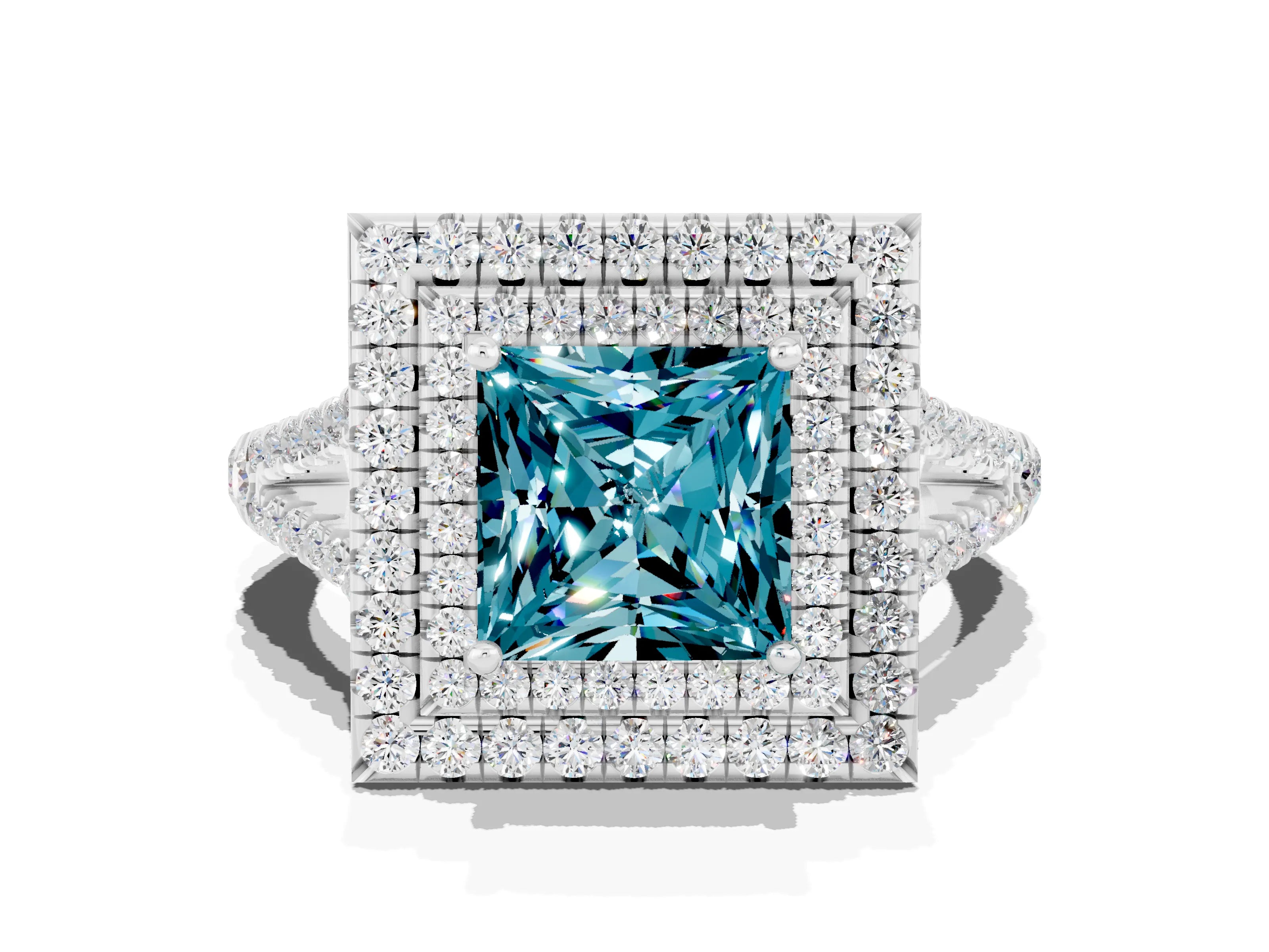 White gold Princess Cut Blue Topaz Double Halo Ring with Pavé Band and Prong Setting_12
