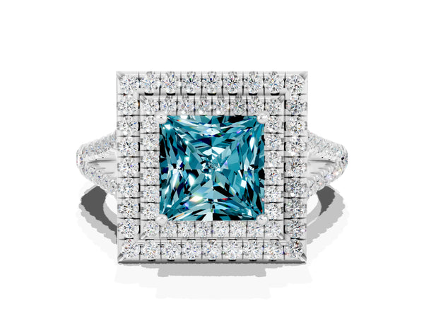 Silver Princess Cut Blue Topaz Double Halo Ring with Pavé Band and Prong Setting
