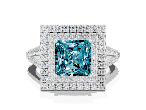 White gold Princess Cut Blue Topaz Double Halo Ring with Pavé Band and Prong Setting_12