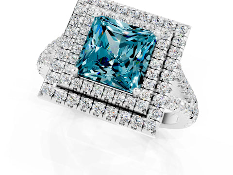 White gold Princess Cut Blue Topaz Double Halo Ring with Pavé Band and Prong Setting_13