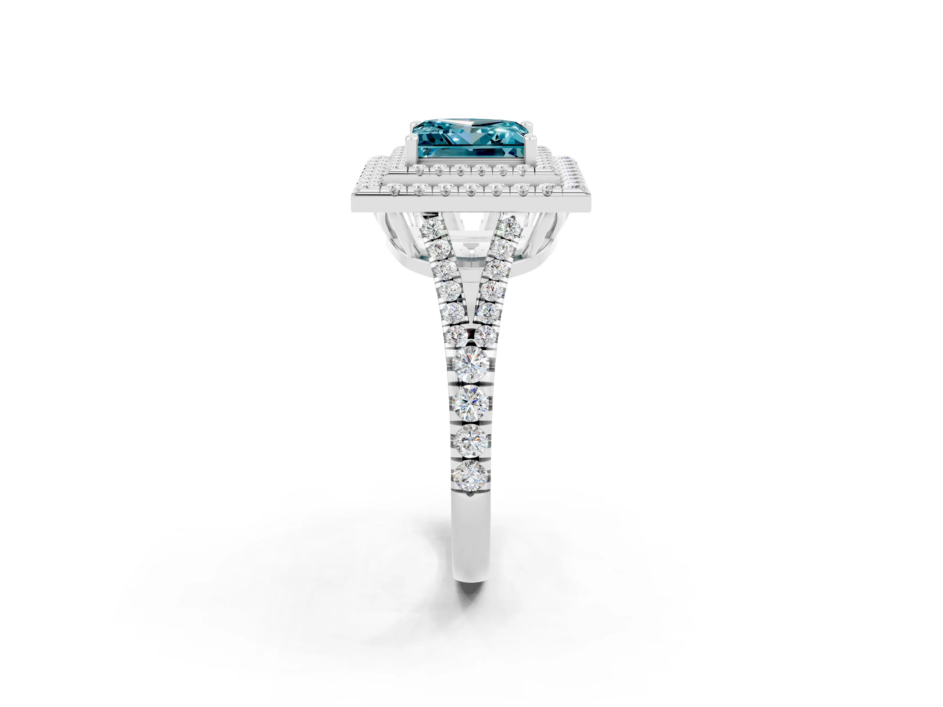 White gold Princess Cut Blue Topaz Double Halo Ring with Pavé Band and Prong Setting_14