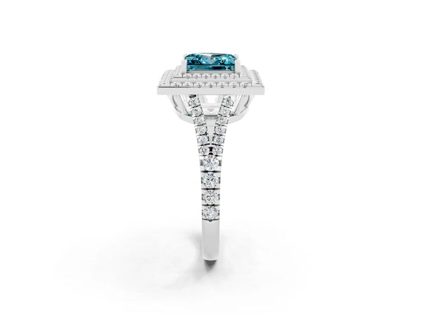 White gold Princess Cut Blue Topaz Double Halo Ring with Pavé Band and Prong Setting