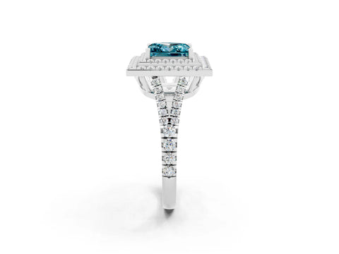 White gold Princess Cut Blue Topaz Double Halo Ring with Pavé Band and Prong Setting_14
