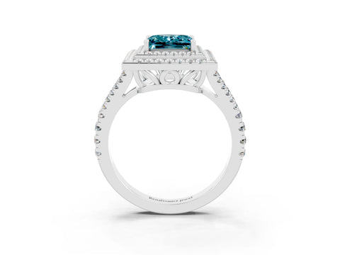White gold Princess Cut Blue Topaz Double Halo Ring with Pavé Band and Prong Setting_15