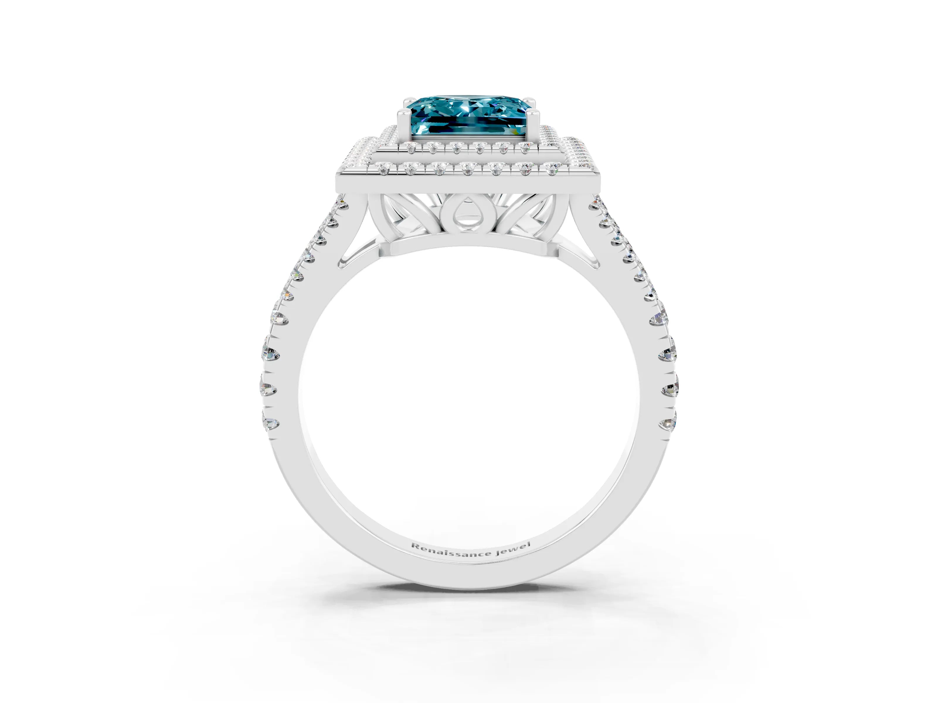 White gold Princess Cut Blue Topaz Double Halo Ring with Pavé Band and Prong Setting_15