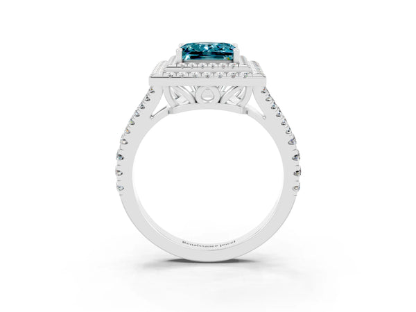 White gold Princess Cut Blue Topaz Double Halo Ring with Pavé Band and Prong Setting