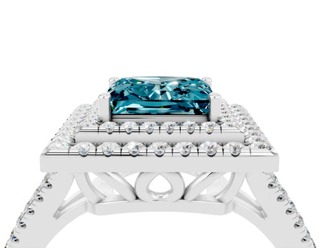 White gold Princess Cut Blue Topaz Double Halo Ring with Pavé Band and Prong Setting_16