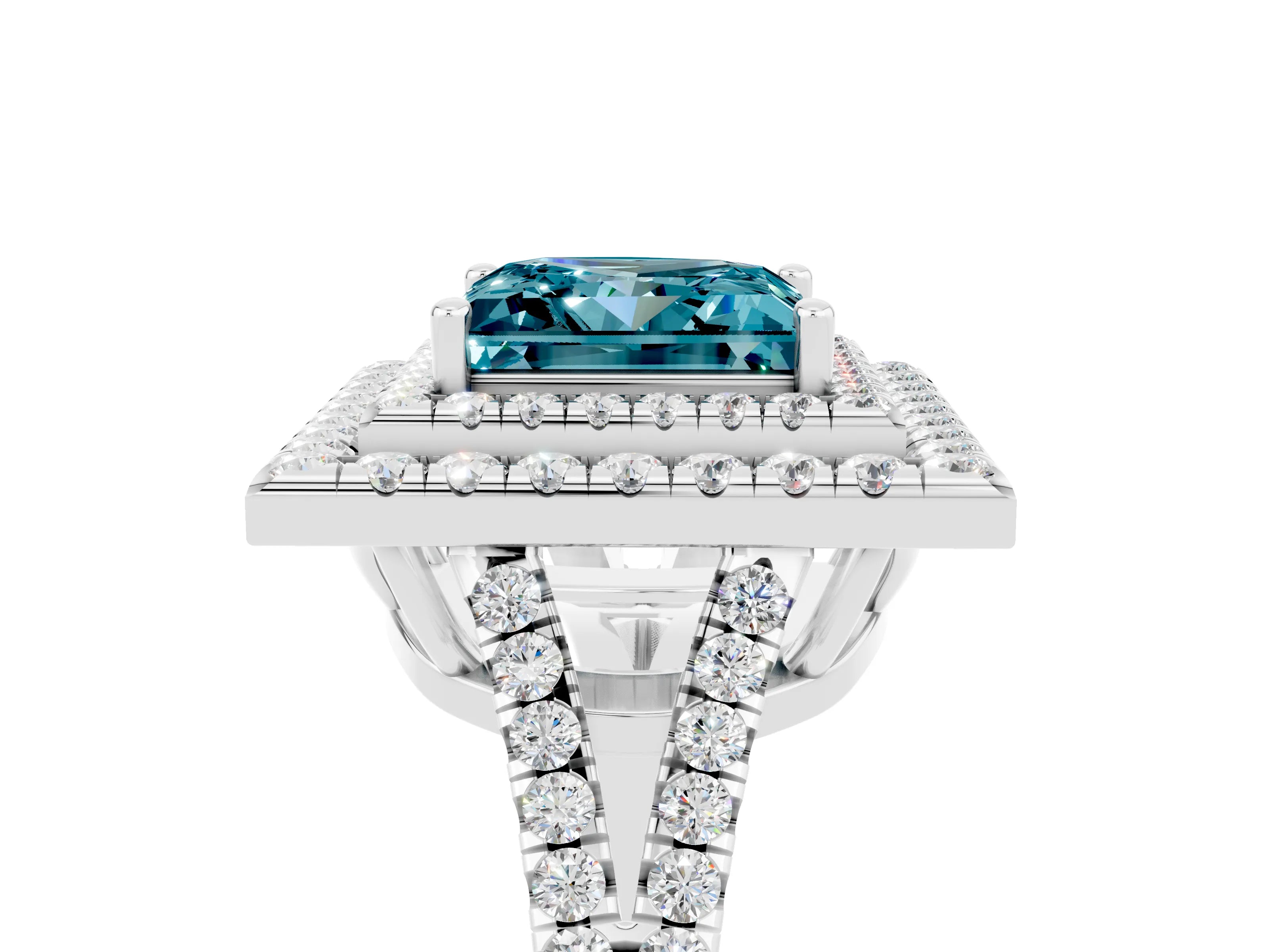 White gold Princess Cut Blue Topaz Double Halo Ring with Pavé Band and Prong Setting_17