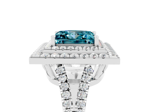 White gold Princess Cut Blue Topaz Double Halo Ring with Pavé Band and Prong Setting_17
