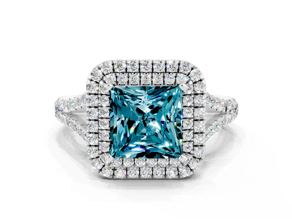 Silver Princess Cut Blue Topaz Double Halo Ring with Split Shank and Prong Setting