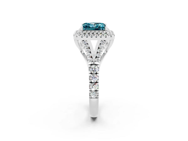 Silver Princess Cut Blue Topaz Double Halo Ring with Split Shank and Prong Setting