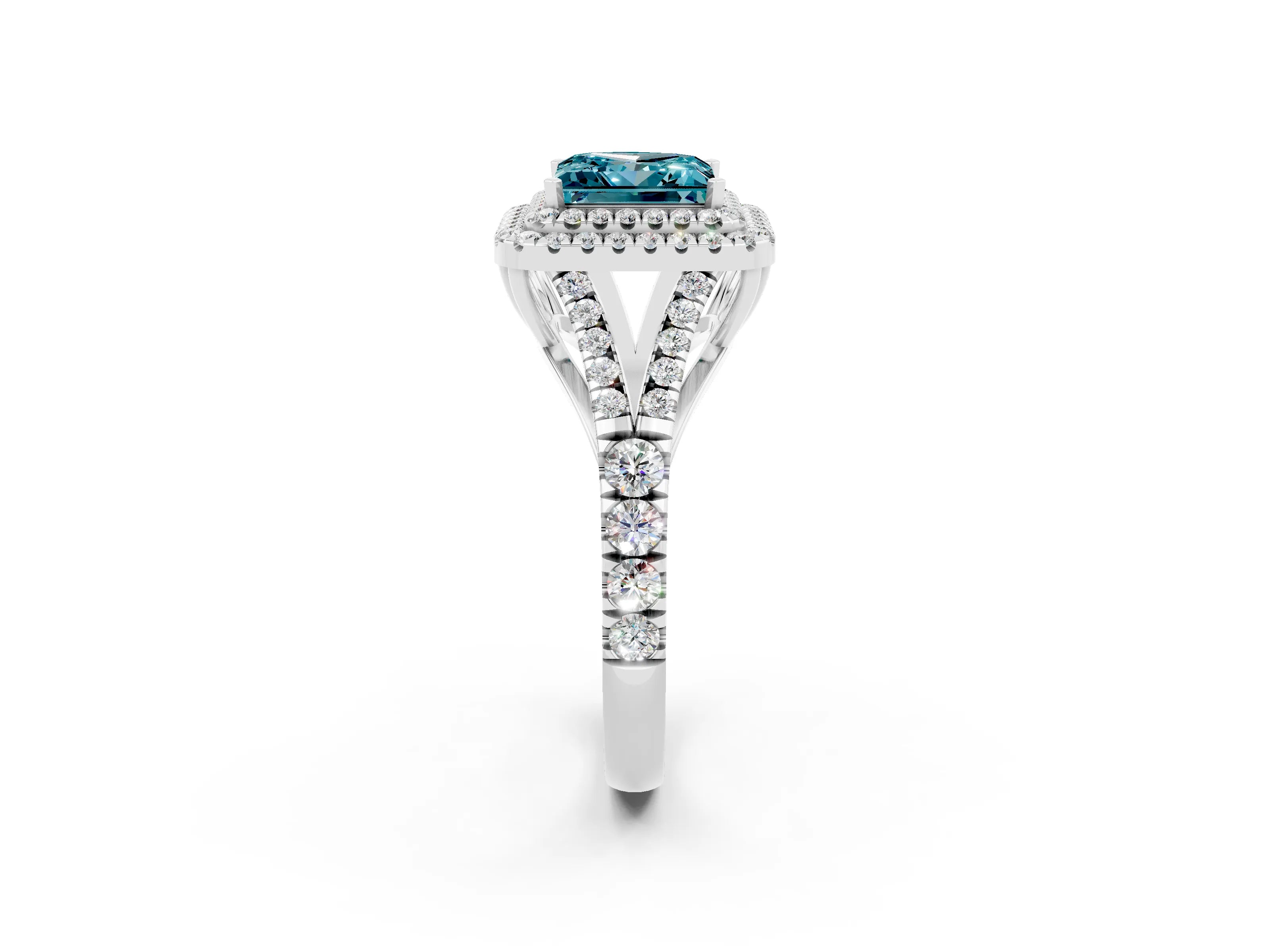 White gold Princess Cut Blue Topaz Double Halo Ring with Split Shank and Prong Setting_62