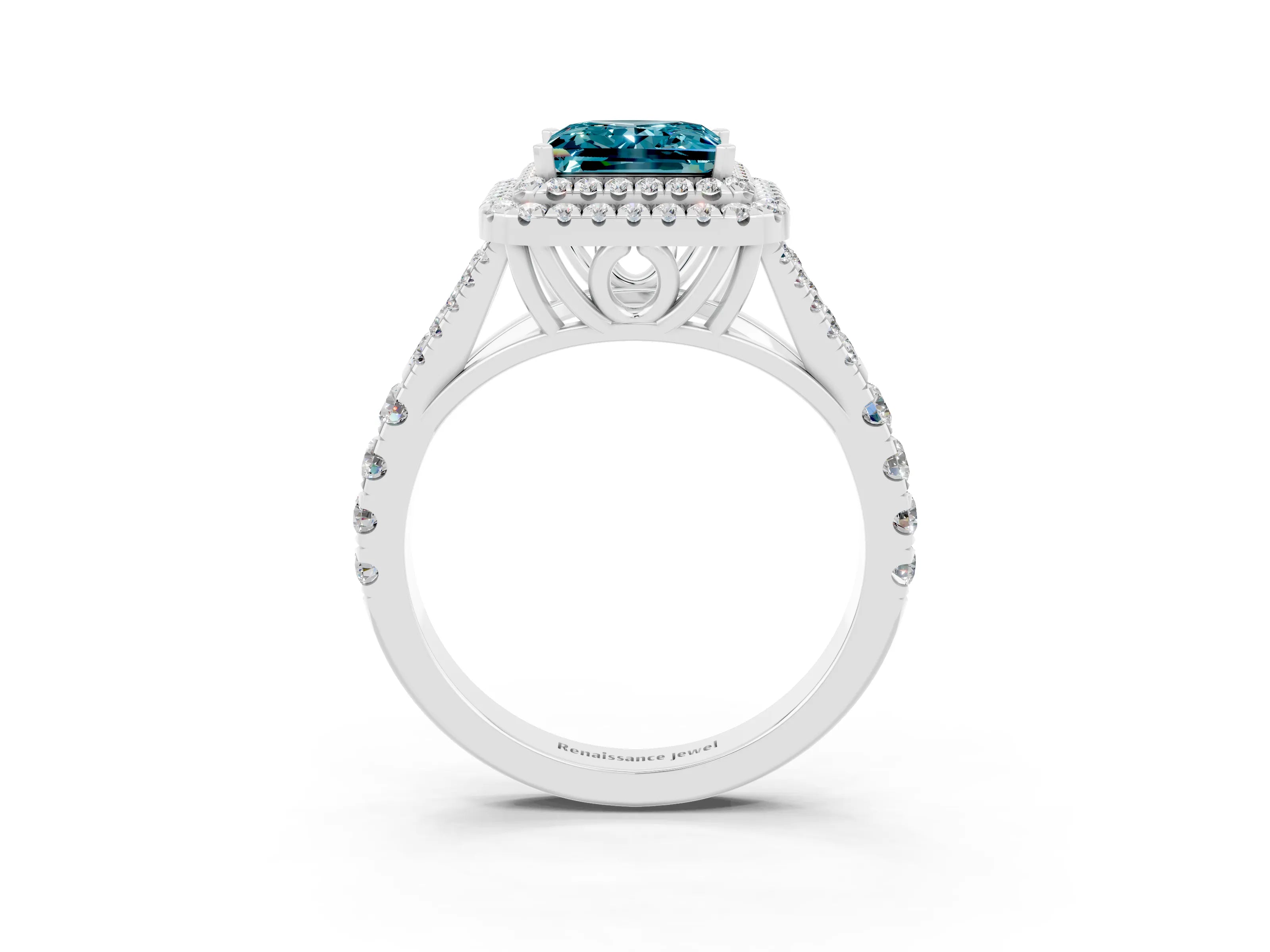 White gold Princess Cut Blue Topaz Double Halo Ring with Split Shank and Prong Setting_63