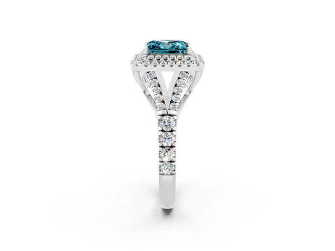 White gold Princess Cut Blue Topaz Double Halo Ring with Split Shank and Prong Setting_64