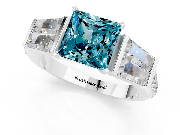 White gold Princess Cut Blue Topaz Engagement Ring with Baguette Side Stones and Channel Set Band