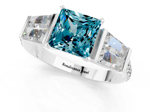 White gold Princess Cut Blue Topaz Engagement Ring with Baguette Side Stones and Channel Set Band_1