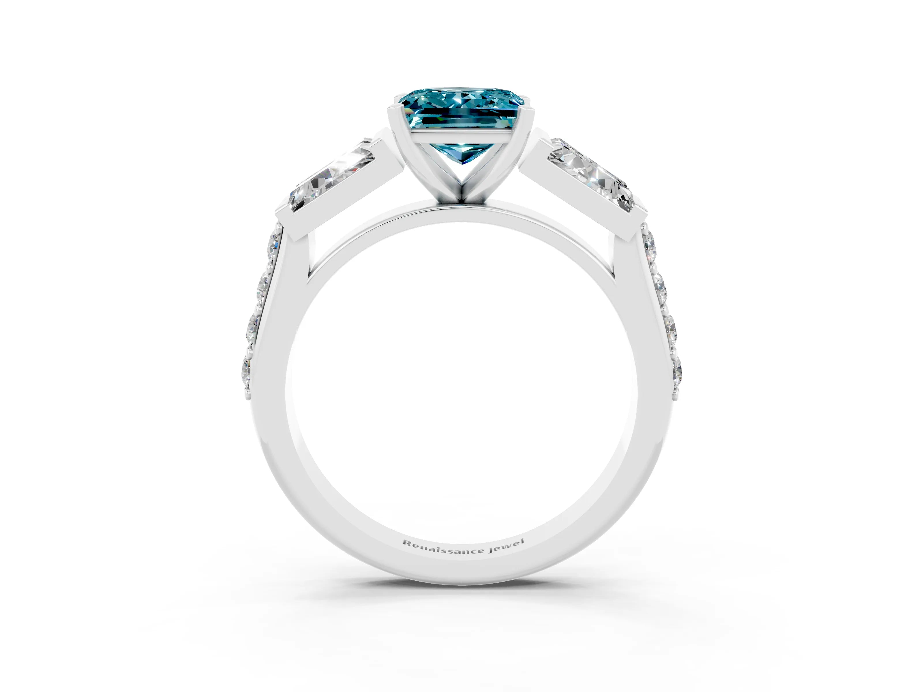White gold Princess Cut Blue Topaz Engagement Ring with Baguette Side Stones and Channel Set Band_3