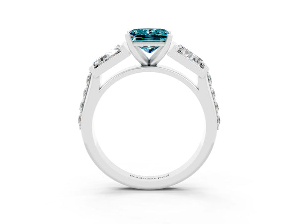 White gold Princess Cut Blue Topaz Engagement Ring with Baguette Side Stones and Channel Set Band