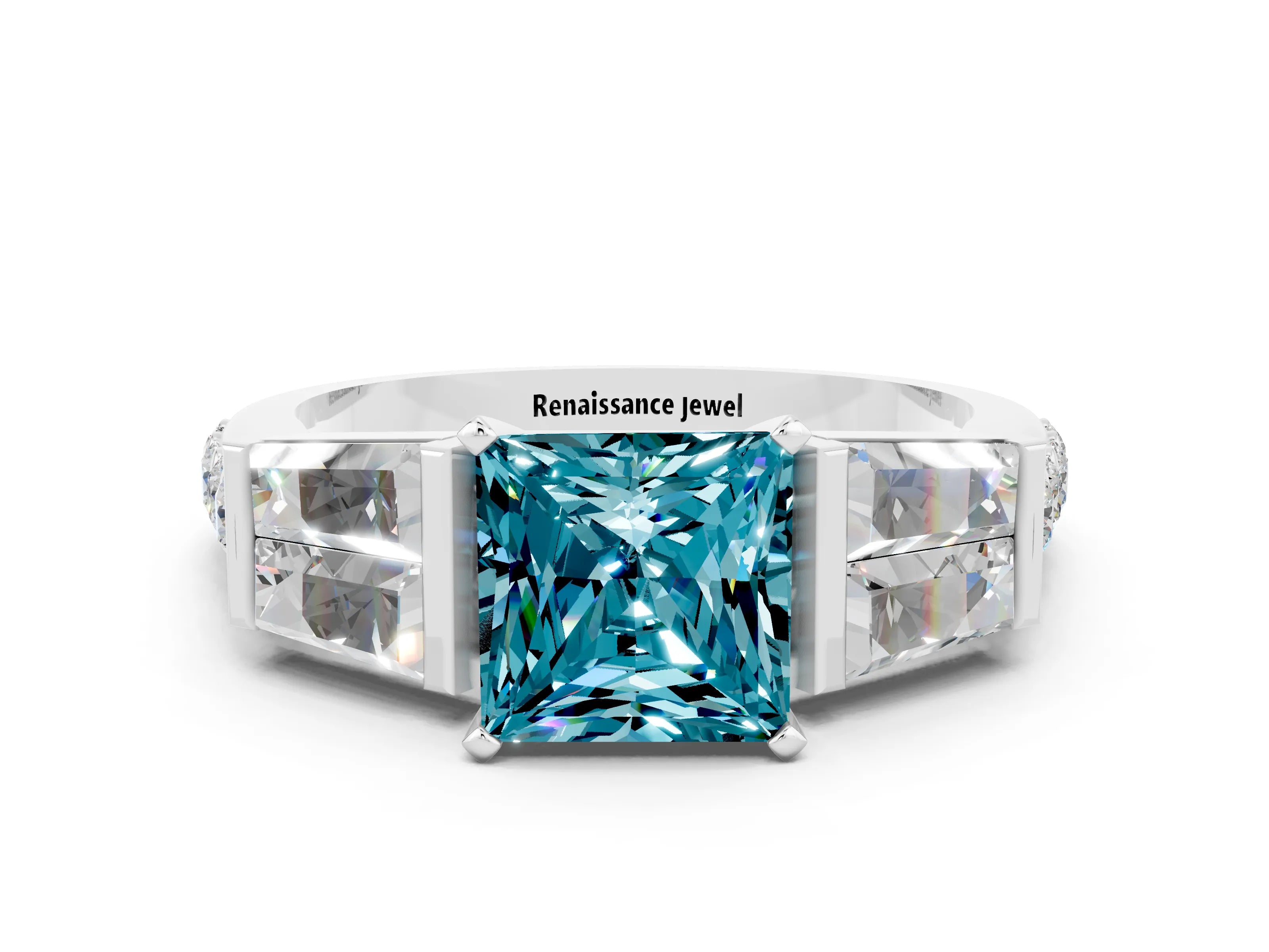 White gold Princess Cut Blue Topaz Engagement Ring with Baguette Side Stones and Channel Set Band