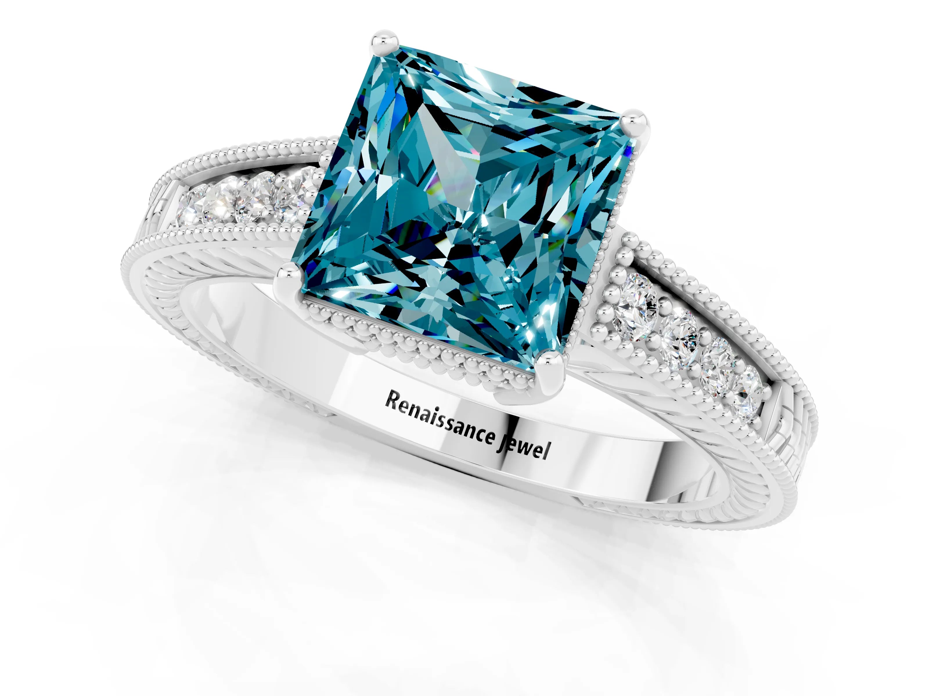 White gold Princess Cut Blue Topaz Engagement Ring with Milgrain Channel Set Band and Prong Setting_1