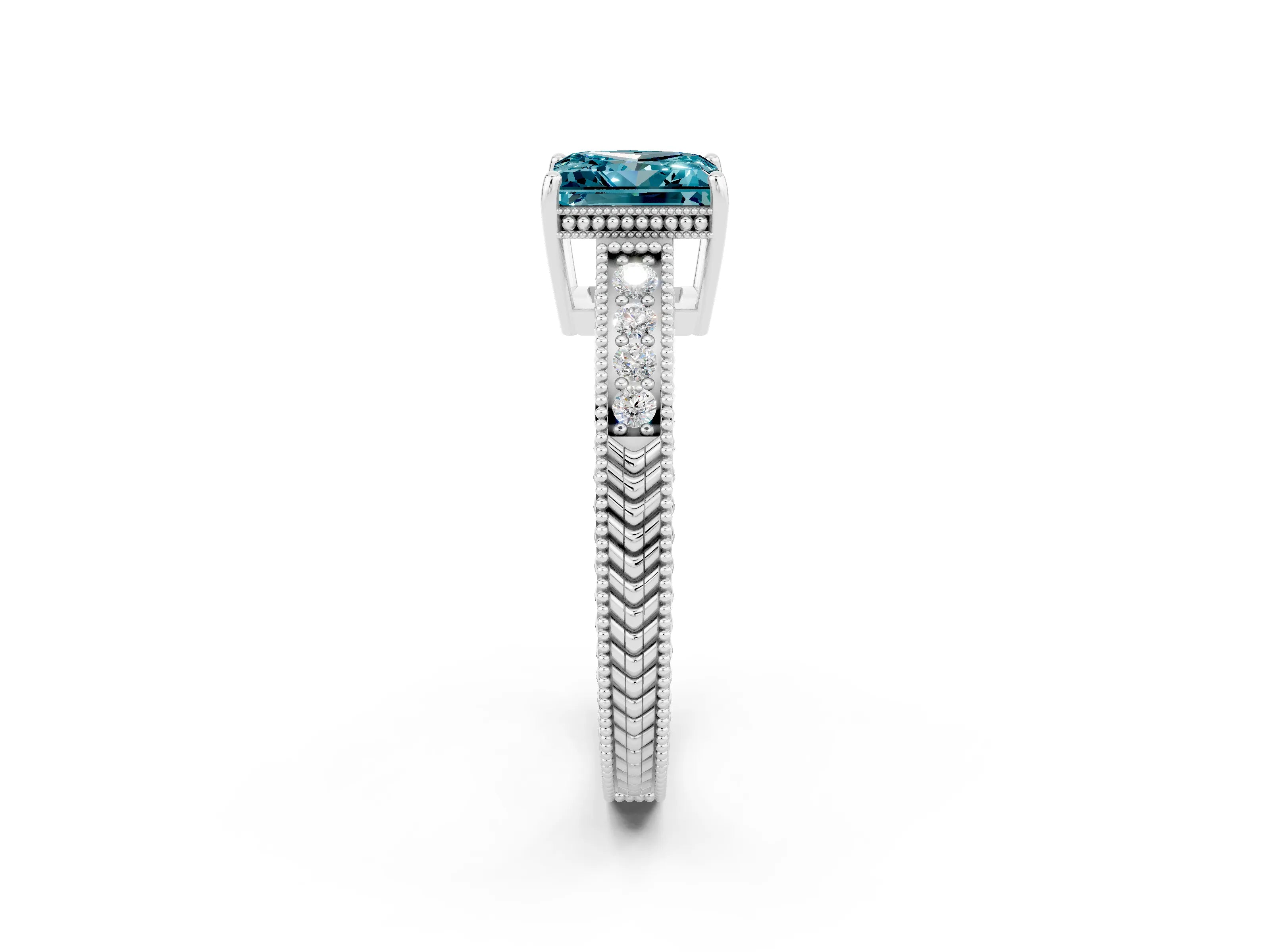 White gold Princess Cut Blue Topaz Engagement Ring with Milgrain Channel Set Band and Prong Setting_2
