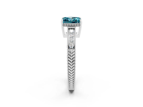 Platinum Princess Cut Blue Topaz Engagement Ring with Milgrain Channel Set Band and Prong Setting