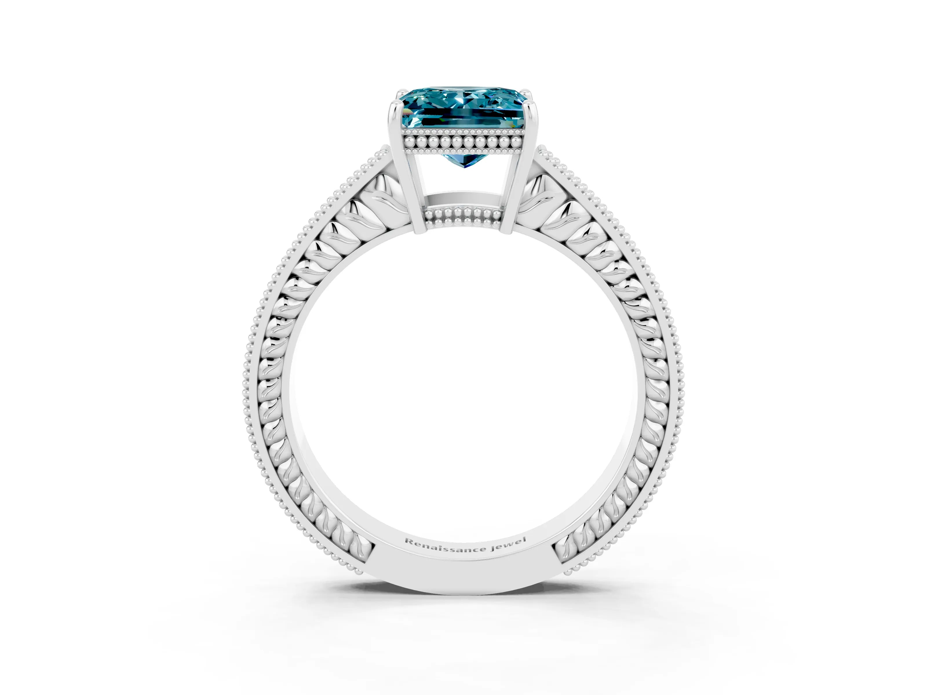 White gold Princess Cut Blue Topaz Engagement Ring with Milgrain Channel Set Band and Prong Setting_3