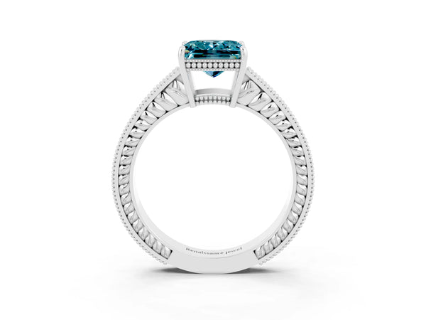 Platinum Princess Cut Blue Topaz Engagement Ring with Milgrain Channel Set Band and Prong Setting