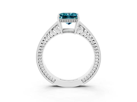 White gold Princess Cut Blue Topaz Engagement Ring with Milgrain Channel Set Band and Prong Setting_3