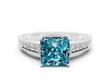 White gold Princess Cut Blue Topaz Engagement Ring with Milgrain Channel Set Band and Prong Setting
