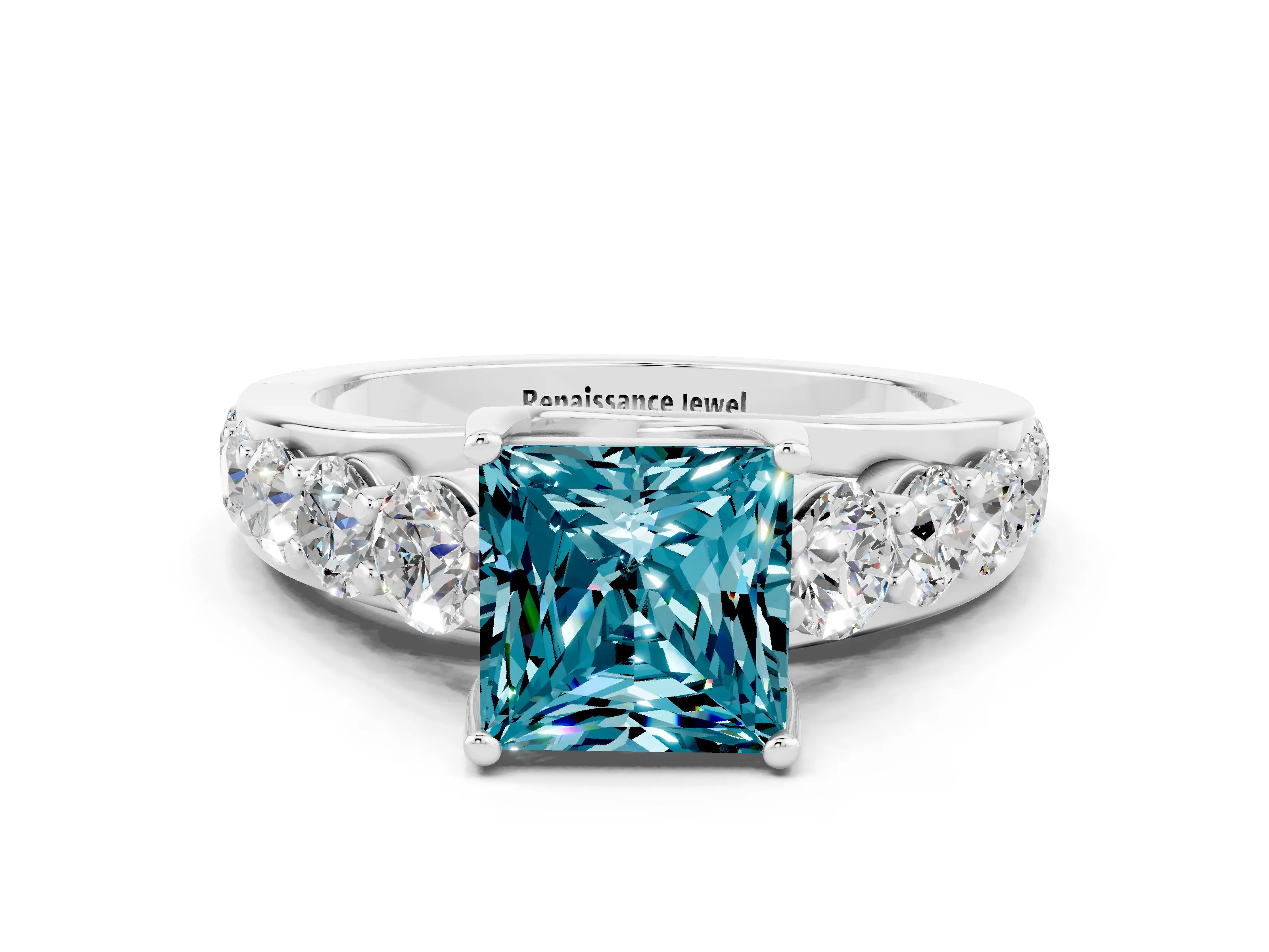 White gold Princess Cut Blue Topaz Engagement Ring with Pavé Band and Four-Prong Setting