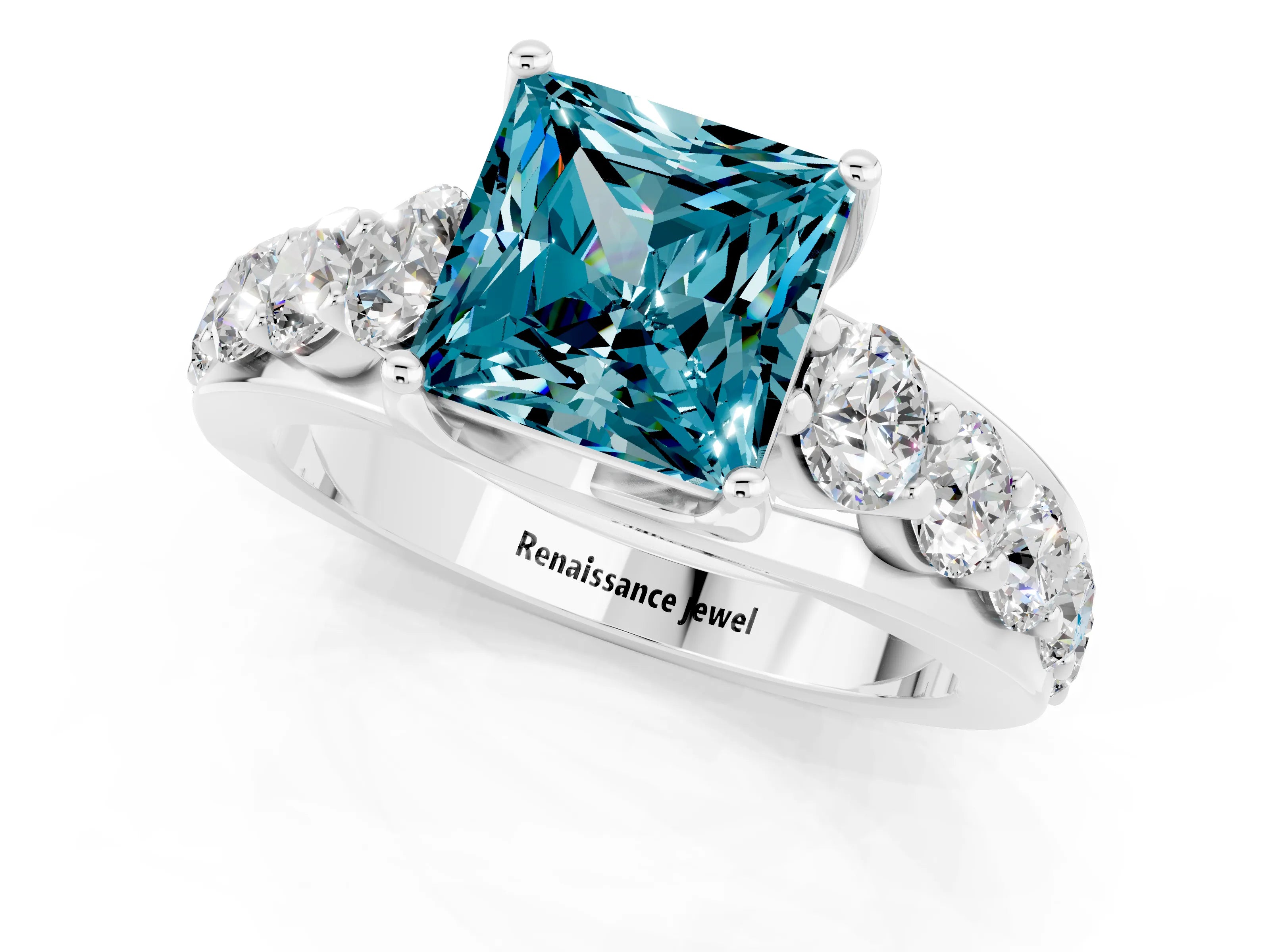 White gold Princess Cut Blue Topaz Engagement Ring with Pavé Band and Four-Prong Setting_1