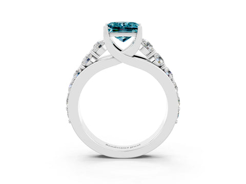 White gold Princess Cut Blue Topaz Engagement Ring with Pavé Band and Four-Prong Setting_3
