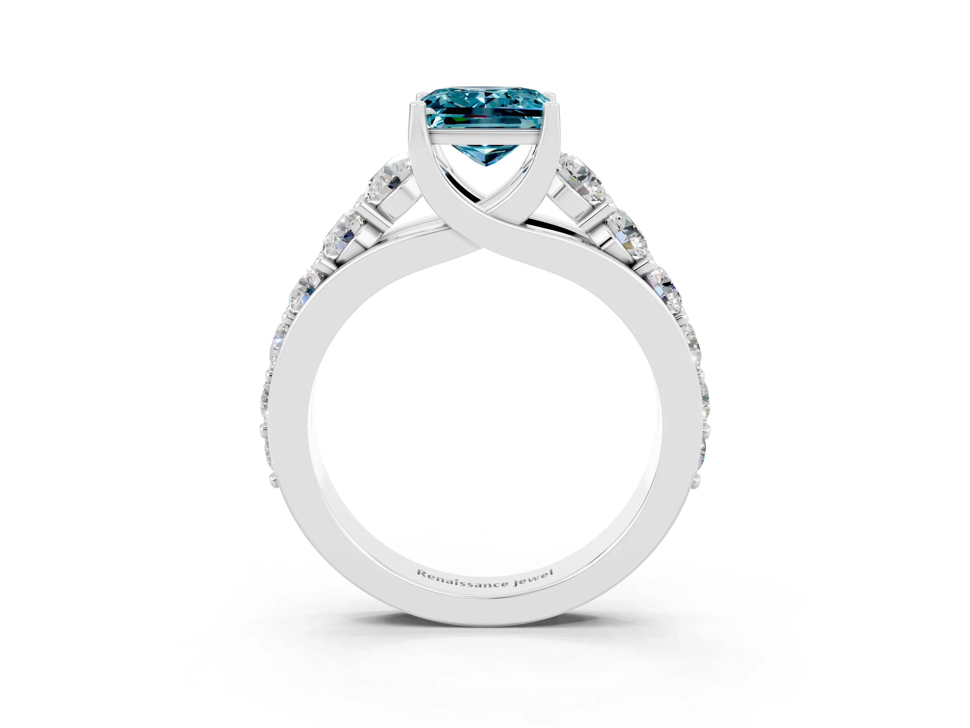 White gold Princess Cut Blue Topaz Engagement Ring with Pavé Band and Four-Prong Setting_3