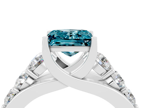 White gold Princess Cut Blue Topaz Engagement Ring with Pavé Band and Four-Prong Setting_4