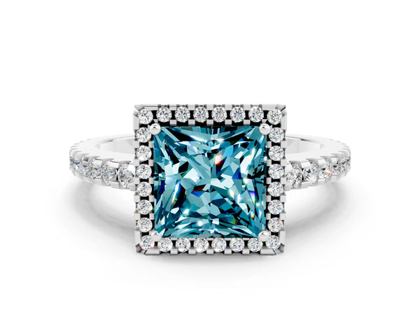 White gold Princess Cut Blue Topaz Halo Engagement Ring with Pavé Band and Prong Setting