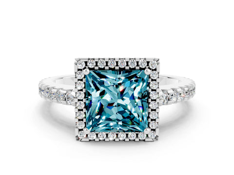 White gold Princess Cut Blue Topaz Halo Engagement Ring with Pavé Band and Prong Setting_12