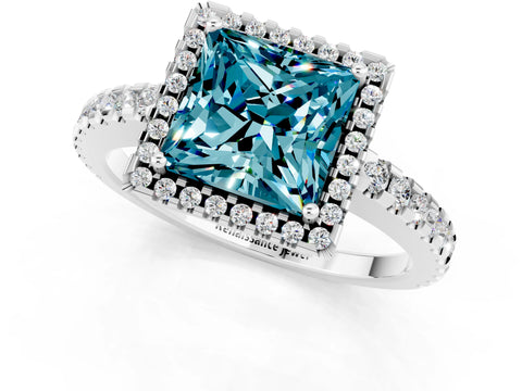 White gold Princess Cut Blue Topaz Halo Engagement Ring with Pavé Band and Prong Setting_13