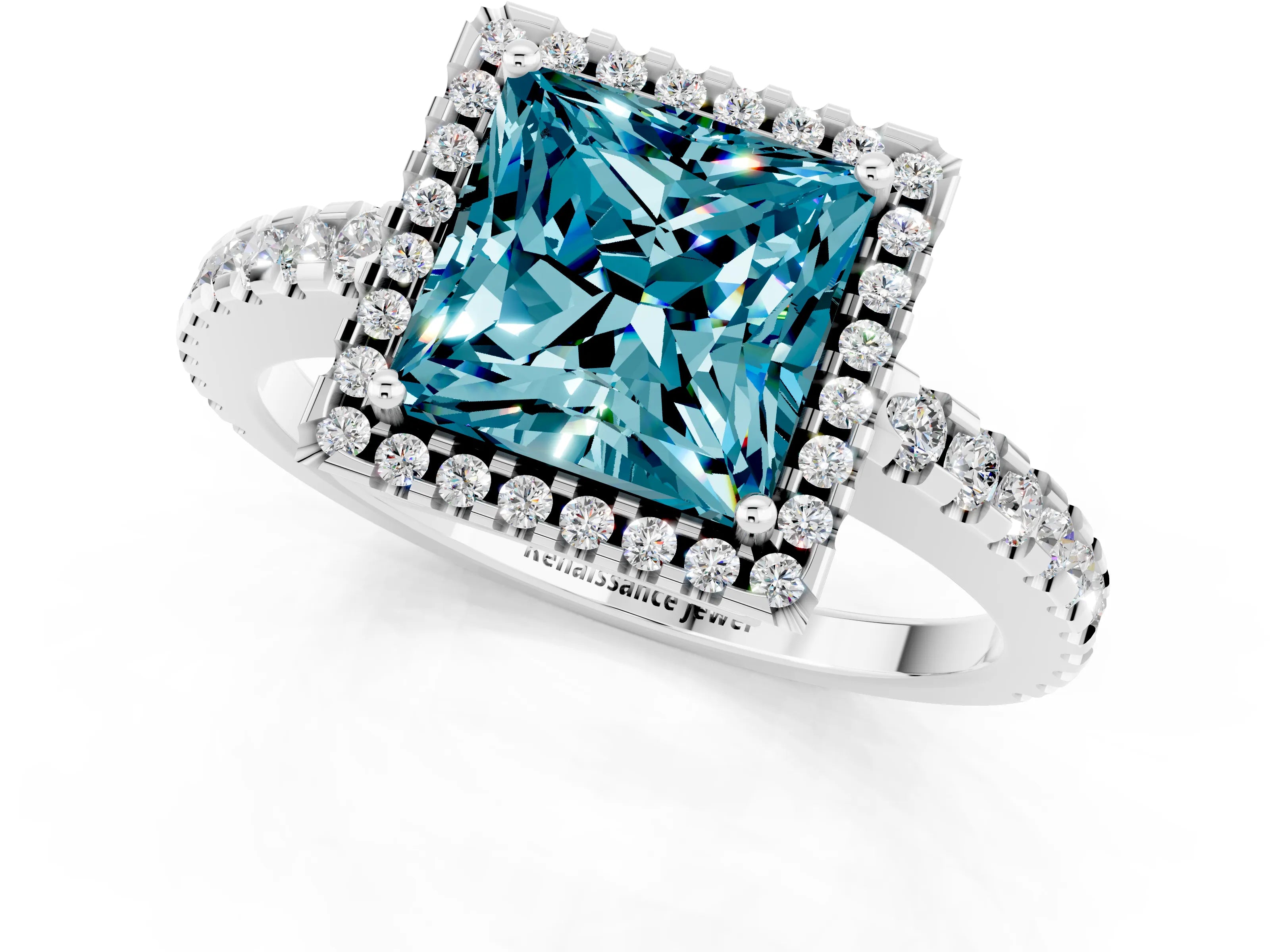 White gold Princess Cut Blue Topaz Halo Engagement Ring with Pavé Band and Prong Setting_13